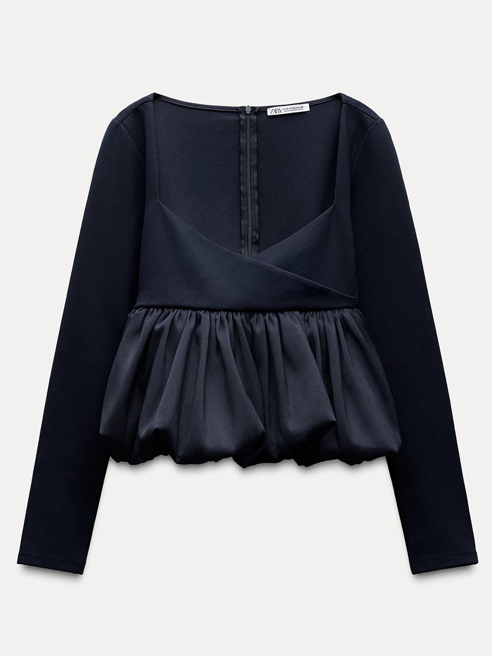 Zara Navy Bubble Hem Peplum Top Long Sleeve Balletcore Coquette V Neck Babydoll